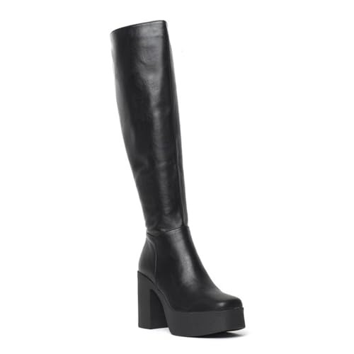 LAMODA Women's Slick Nicks Knee High Platform Boot, Black Pu, Casual Knee High Boots with Block Heel and Side Zipper, Vegan Winter Long Boots - 5 UK - Black Pu