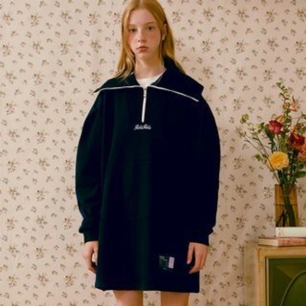 Zipped Letter-Collared Sweatshirt Dress