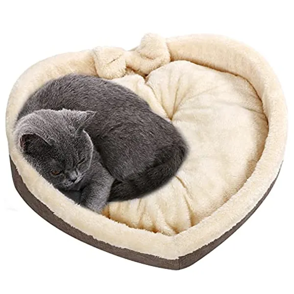 Cat Bed - Heart Pet Bed for Cats or Small Dogs, Ultra Soft Short Plush, Anti-Slip Bottom, Washable High Resilience PP Cotton, Comfortable Self Warming Autumn Winter Indoor Sleeping Cozy Kitty Teddy