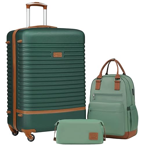 COOLIFE Suitcase Trolley Carry On Hand Cabin Luggage Hard Shell Travel Bag Lightweight with TSA Lock,The Suitcase Included 1pcs Travel Backpack and 1pcs Toiletry Bag (Green/Brown, 28 Inch Luggage Set) - 28 Inch Luggage Set - Green/Brown