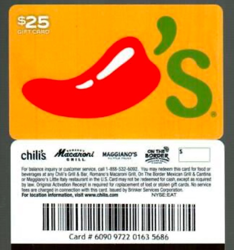25 dollar gift card to Chili’s