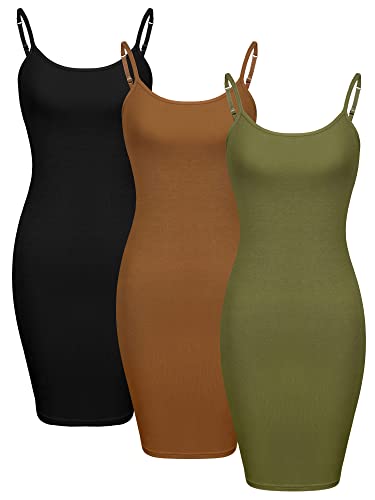WILLBOND 3 Pieces Basic Cami Women Long Tanks Top Dress with Strap, Solid Color - Black X-Large