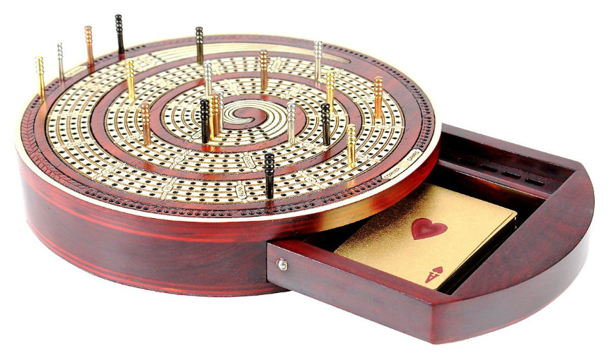 House of Cribbage - Cribbage Board Spiral Design Round Shape 4 Tracks Bloodwood/Maple with Place for Skunks, Corners & Won Games - 
