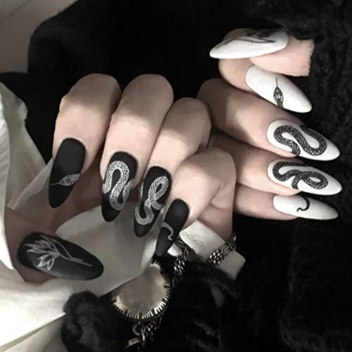 Sethexy Matte Stiletto Long False Nails Black White Snake Fashion Style Fake Nails 24Pcs Acrylic Art Full Cover Press on Nails Tips for Women and Girls - Black White