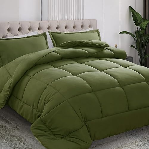 All Season Queen Size Comforter Set 3 PCs, Premium 350GSM Soft Quilted Down Alternative Comforter+2 Pillow Shams with Corner Tabs-Machine Washable Green, Queen（88 * 88） - Green - Queen（88*88）