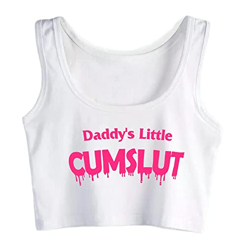 Humor Fun Flirty Daddy's Little Cumslut Print Tank Top Print Yoga Sport Workout Crop Top Gym Tops - Small - White