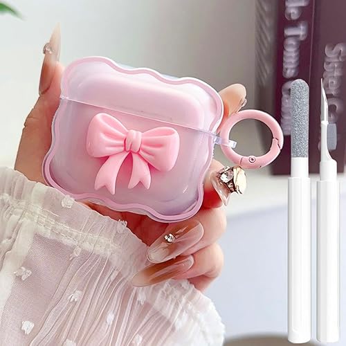 Cute AirPods 3rd Gen Clear Case, Girly 3D Bow Design Soft TPU Protective Shockproof Kawaii Airpods 3rd Generation Skin Cover with Cleaner Kit & Keychain Girls Women for Apple iPod 3 Gen - Pink Bow - Bow Pink+Cleaner kit