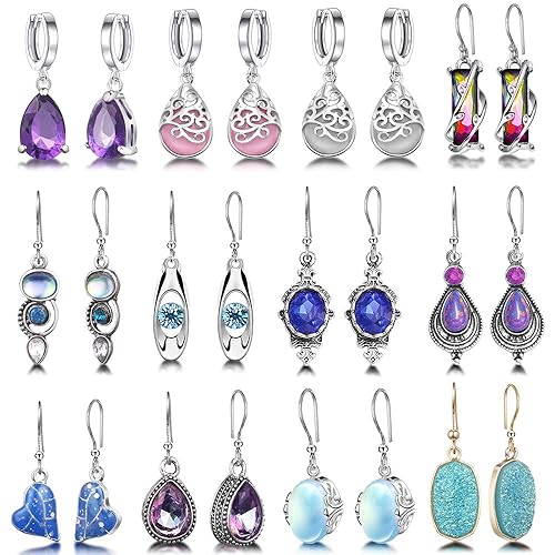 Hefanny 12 Pairs Teardrop Druse Crystal Drop Dangle Earrings for Women Cubic Zirconia Huggie Hoop Earring Jewelry Set Christmas Gifts - 1