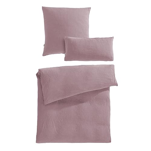 Pure Label Musselin Bettwäsche 155x220 cm mit einem Kissenbezug 80x80 cm und einem Kissenbezug 40x80 cm aus 100% Baumwolle - Traumhaft weiche, kuschelige Bettwäsche-Sets in Mauve - 3 tlg. 155x220cm / 80x80cm / 40x80cm - Mauve