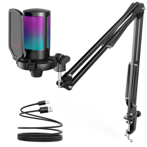 FIFINE USB Gaming Microphone Kit, Plug & Play for PC, PS4/5, 192 kHZ Condenser Cardioid Microphone Set with Mute Button, Volume Gain, RGB, Arm Stand, for Streaming, Discord, Twitch, Video, Youtube-A6T - Black