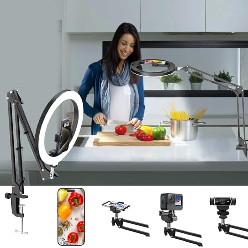 Overhead Camera Mount with 10" Selfie Ring Light and Phone Holder for Desk,Phone Mount Arm Stand with Remote for iPhone,Overhead Tripod for Video Recording Vlog TikTok Live Stream Cooking Nail Art - Desk