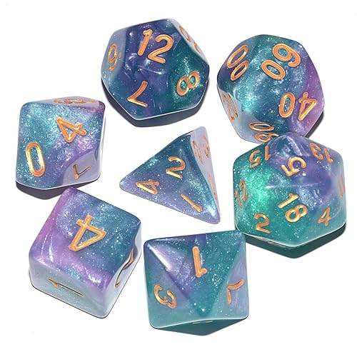 DND Dice 7Pieces, Cosmic Purple Green Mixed Polyhedral DND Dice for RPG MTG Table Game Dice - Purple Green