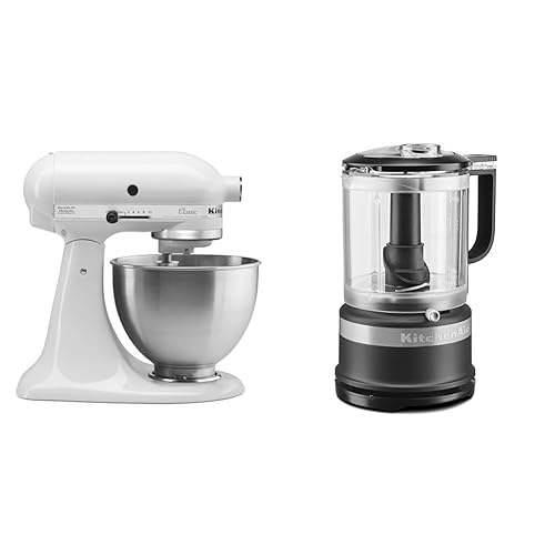 KitchenAid Classic Series 4.5 Quart Tilt-Head Stand Mixer K45SS, White & 5 Cup Food Chopper - KFC0516,Matte Black - White - Mixer + 5 Cup Food Chopper Matte Black