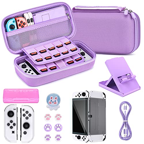 Younik Switch OLED Accessories Bundle, 16 in 1 Accessories Kit Includes Switch OLED Carrying Case, Protective Case Cover for Console & J-Con, Screen Protector, Adjustable Stand, Switch Game Case - Purple