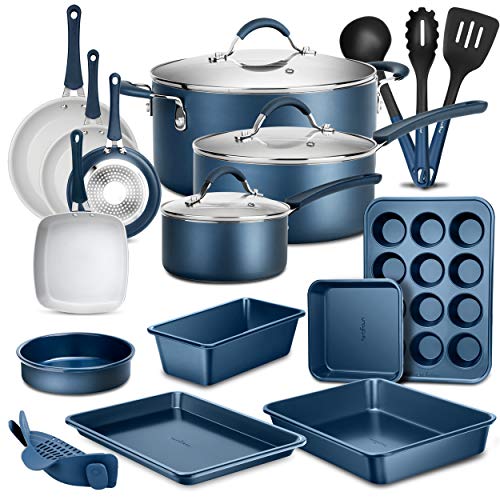NutriChef Professional 20 Pc Kitchen Set in Navy Blue - Durable Non-Stick Pots and Pans with Bakeware Set, Compatible with Any Cooktop, Easy Clean, Cool-Touch Handles - Navy