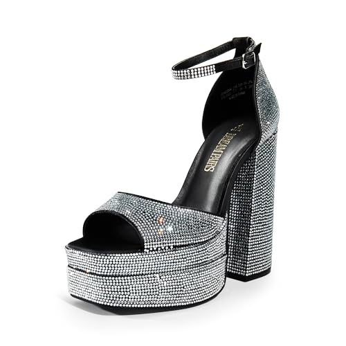 DREAM PAIRS High Heels Chunky Block Platform Heels for Women Ankle Strap Sexy Open Square Toe Heels Dressy Pumps Sandals - 7 - Black-rhinestone