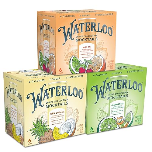 Waterloo Craft Collection Mocktails Variety Pack - Margarita, Piña Colada, Mai Tai - Naturally Flavored Non-Alcoholic Sparkling Beverages, 12 Fl Oz Cans (Pack of 18) – Zero Calories, Alcohol-Free - Variety Pack