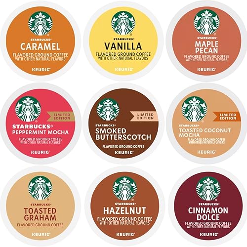 Starbucks K-Cups Flavored Sampler Includes Caramel, Hazelnut, Cinnamon Dolce, Smoked Butterscotch, Vanilla, Maple Pecan, Graham And Peppermint Mocha