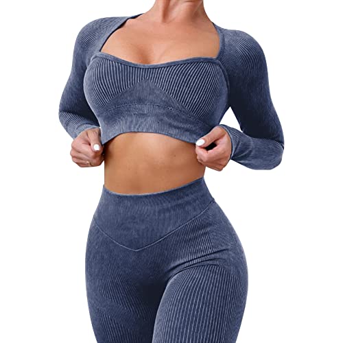 IMEKIS Trainings Outfit für Damen 2-teilig Sportbekleidung Gym Set Sport Crop Top mit Hoher Taille Laufshorts Leggings Nahtlos Gerippt Trainingsanzug Yoga Sportanzug Activewear - S - Dunkelblau 1