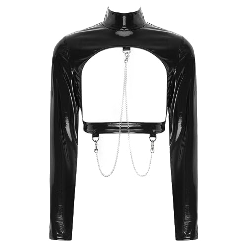 FEESHOW Damen Wetlook Crop Tops Metallic Shirt Langarm Jacke Kurz Oberteile Bluse Bauchfrei Clubwear GoGo Tanz - S - Schwarz_c
