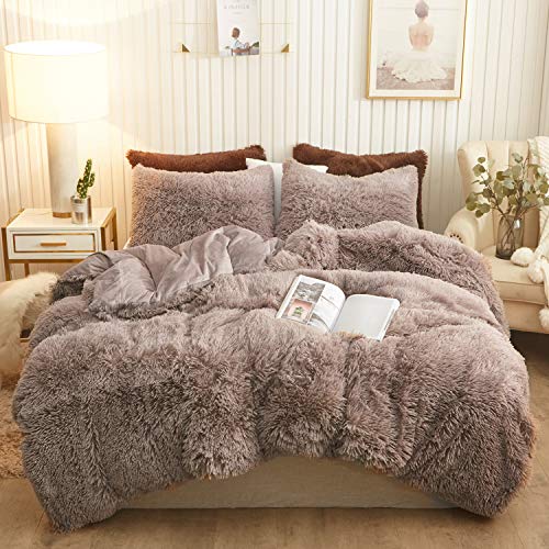 XeGe Plush Shaggy Duvet Cover Set, Luxury Ultra Soft Crystal Velvet Fluffy Bedding Sets 3 Pieces(1 Furry Faux Fur Comforter Cover + 2 Fuzzy Faux Fur Pillowcases), Zipper Closure(Queen, Khaki) - Queen - Khaki