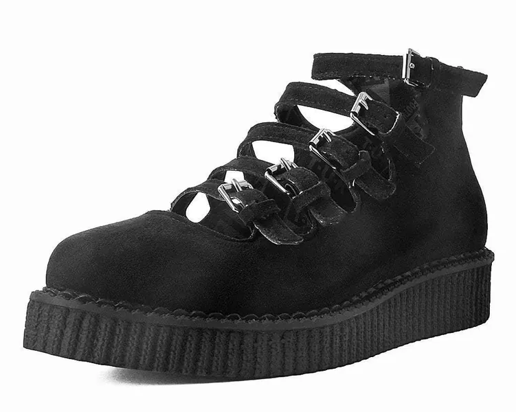 Black Faux Suede Multi-Strap Pointed Mary Jane Creeper | US: Womens 7 / Black / Micro Fiber