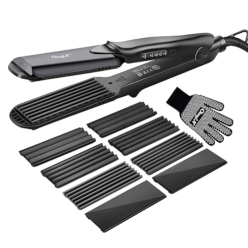 Hair Crimper, CkeyiN Professional Crimping Iron and Straighter with Heat Resistant Glove Adjustable Temperature Dual Voltage 4 Interchangeable Ceramic Plates (Black) - Black