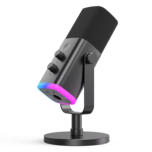 FIFINE XLR/USB Gaming Microphone, Studio Dynamic Streaming Mic, Computer Desktop Stand Microphone for Podcast, VoiceOver, Recording, with RGB, Mute, Monitoring Headphone Jack, Gain Knob, Black-AM8 - Black