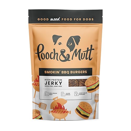 Pooch & Mutt - Grain Free Jerky Treats, Smokin' BBQ Burgers Flavour for Training Reward, Pack of 1x90g - 90 g (Pack of 1) - Chew