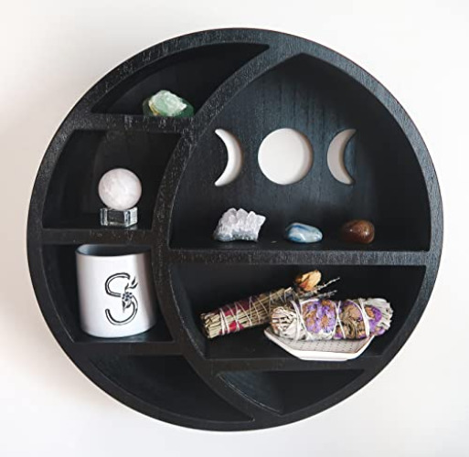 Kanley Crescent Moon Shelf for Crystals Stone, Essential Oil, Small Plant and Art - Wall, Room, and Gothic Witchy Decor - Moon Phase Rustic Boho Shelfs - Wooden Hanging Floating Shelves - (Black) - Black