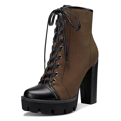 Castamere Womens High Heel Platform Lace Up Booties Chunky Heel Ankle Boots With Zipper Round Toe 12CM Heels - 13 - Dark Brown