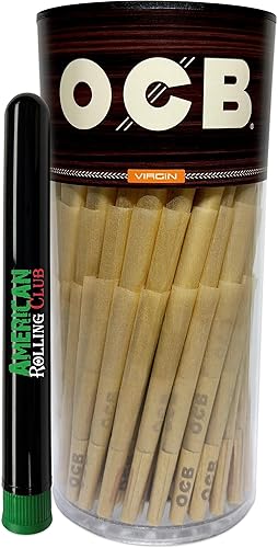 OCB Virgin Prerolled Cones | 1-1/4 Size | 150ct Pack | Unbleached Pre-Rolled Cigarette Paper with Tips and Packing Sticks ~ Includes ARC Saver (150 Count) - 150 Count - 1-1/4 Size
