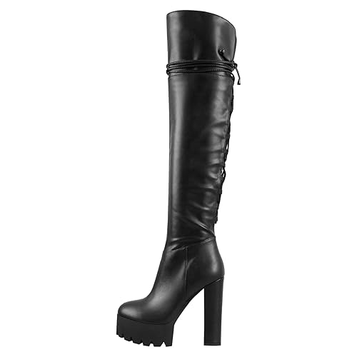 Richealnana Women's Platform Lace Up Side Zipper Over the Knee High Boots - 13 - Black Pu Leather