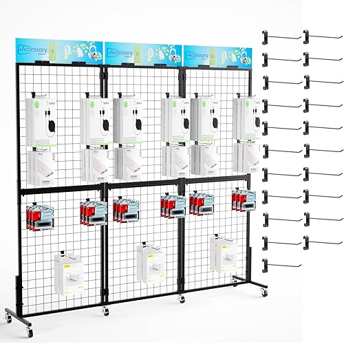 ztysn Grid Wall Panels Display Stand - 3pcs with 21 Hooks, 2*5.6ft Display Racks For Vendor Events Art Display Panels Linkable Heavy Duty Floor Standing Movable Retail Display Stand