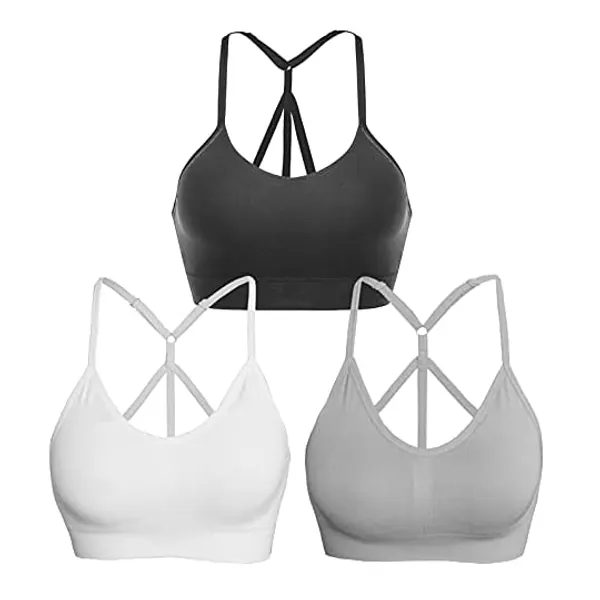 
                            AKAMC 3 Pack Women's Medium Support Cross Back Wirefree Removable Cups Yoga Sport Bra
                        