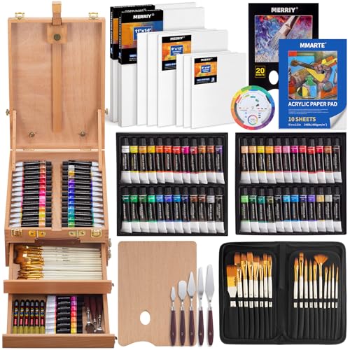 MERRIY 80-Piece Acrylic Paint Set, Artist Painting Supplies Kit with Tabletop Sketch Box Easel, 48 Colors Acrylic Paints,11"x 14"Stretched Canvas &More, Premium Acrylic Painting Set for Adults… - Extra Large Box Easel with 48 Color