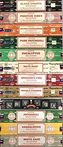 Satya Bangalore (BNG) Set of 12 Black Champa, Positive Vibes, White Musk, Masala Chandan, Sandalwood, Patchouli, Pure Patchouli, Super Hit, White Sage, Dragon's Fire, Sacred Sandalwood, Eucalyptus