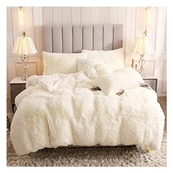 
                            Uhamho Faux Fur Velvet Fluffy Bedding Duvet Cover Set Down Comforter Quilt Cover with Pillow Shams, Ultra Soft Warm and Durable (Twin, Cream)
                        