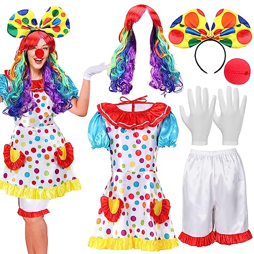 6 Pcs Clown Costume Set Women Circus Clown Dress Rainbow Clown Wig Headband Nose Shorts Gloves for Halloween cosplay - Extra Large