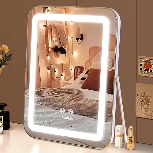 halumao Vanity Mirror with Lights, 14.6" Light Up Makeup Mirror, LED Makeup Mirror with Lights for Bedroom Tabletop, Smart Touch Control 3 Colors Dimmable, 360° Rotation - White - 13.8"L x 10.6"W
