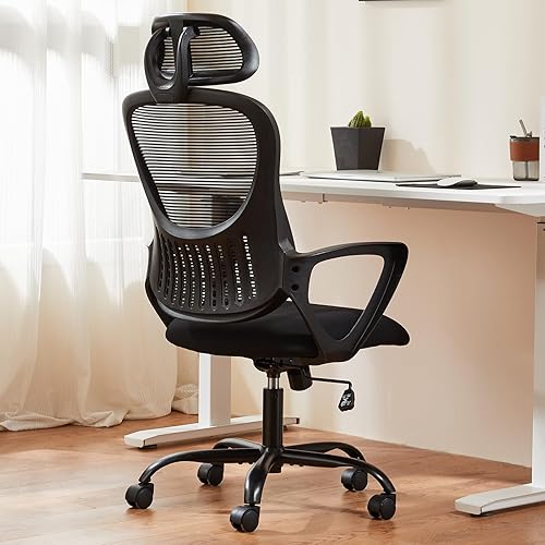 Sweetcrispy Office Computer Desk Chair, Ergonomic High-Back Mesh Rolling Work Chairs with Wheels and Adjustable Headrests, Comfortable Lumbar Support, Comfy Armrest for Home, Bedroom, Study,Black - Fixed Armrest - Black