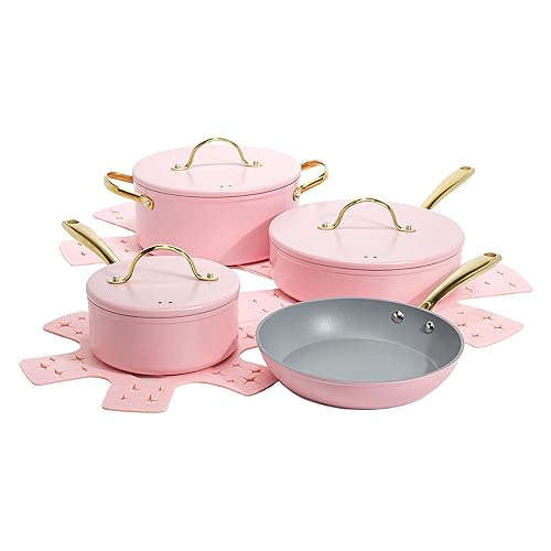Paris Hilton Iconic Nonstick Pots and Pans Set, Multi-layer Nonstick Coating, Matching Lids With Gold Handles, Made without PFOA, Dishwasher Safe Cookware Set, 10-Piece, Pink - 10-Piece - Iconic 10-Piece Set with Solid Lid - Pink