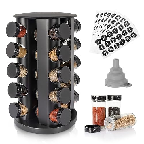 Black Countertop Rotating Spice Rack, Empty 20-Jars Revolving Spice Rack Organizer, Round Carousel Spice Rack Tower, 135 Spice Labels with Funnel Complete Set, for Kitchen Countertop, Cabinet - Black-20jars