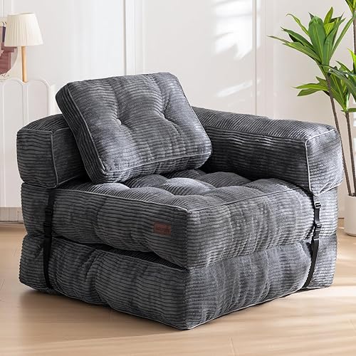 MAXYOYO Folding Sofa Bed, L-Shaped Convertible Sofa Bed with Armrest Foldable Sleeper Sofa with Pillow, Portable Fold Out Chair Bed Comfy Floor Sofa Lounge for Living Room Bedroom, Dark Grey - Large - Dark Grey