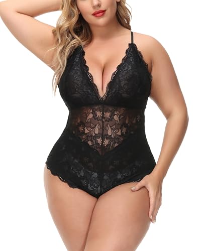 Aranmei Sexy Plus Size Teddy Lingerie,Snap Crotch Lace Bodysuit,Deep V One Piece Lingerie for Women 1X-4X - Black - 4X-Large