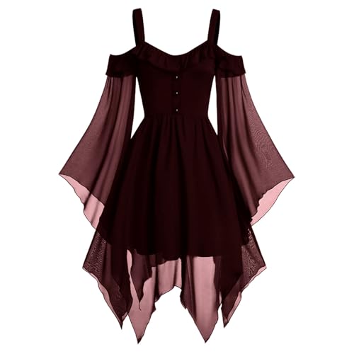Halloween Gothic Dress Women Halloween Cold Shoulder Dresses Plus Size Flared Dress Sexy Lace up Medieval Dress - Red - 4X-Large