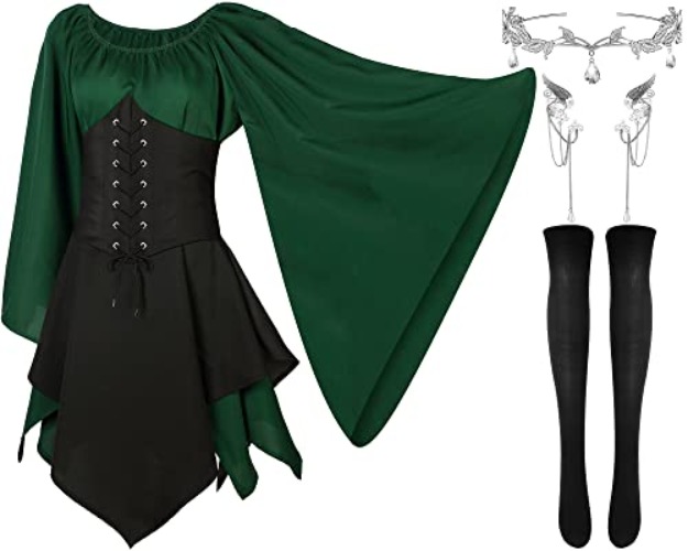 Haysandy 4 Pcs Women Elf Costume Renaissance Traditional Irish Dress Fairy Costume Elf Ear Cuffs for Halloween Cosplay Party - Green, Black - 2X-Large