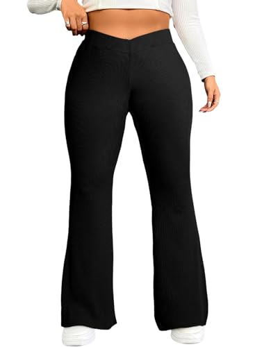 Eytino Plus Size Leggings for Women Elastic High Waisted Crossover Flare Pants Lounge Trousers(1X-5X) - 3X - Black