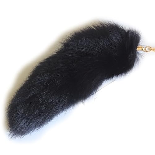 Fosrion Super Huge and Fluffy Real Fox Tail Fur Keychain Pendant – Halloween Cosplay and Stylish Handbag Accessory - Black