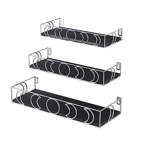 PHAREGE Moon Phase Floating Shelves Black Silver, Set of 3 Small Decorative Wall Shelves for Book Plant Storage, Crystal Figurine Collectibles Display Shelf for Bedroom Kid Room - Black Silver